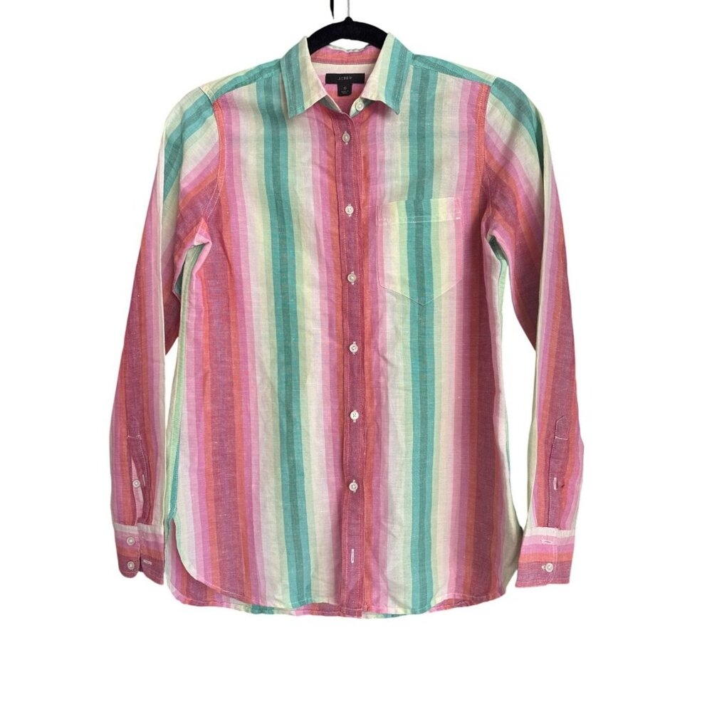 J.Crew Womens Multicolor Striped Button-Up Shirt Size 0 Linen Cotton Rainbow